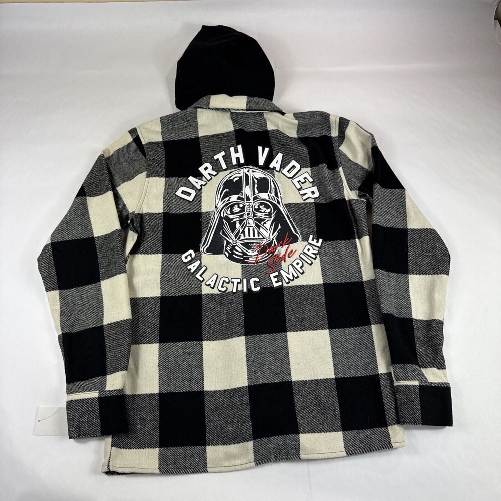 Star Wars Button Up Flannel Hoodie Mens S Darth Vader Black Plaid Sweatshirt NEW